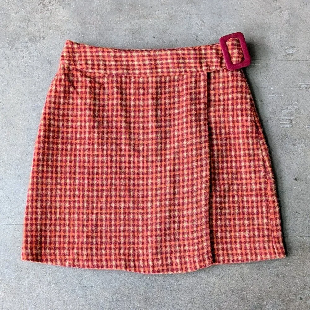 Vintage NY&CO Orange Plaid Wool Blend Mid Mod Belted Wrap Mini Skirt size 4 - Picture 2 of 8
